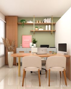 a computer desk sitting in the middle of a room with two chairs and a laptop on top of it