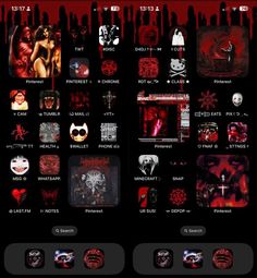 Horror Iphone Layout, Cool Home Screen Layout, Horror Iphone Theme, Iphone Home Aesthetic, Goth Ios Layout, Gothic Iphone Layout, Red Widget Ideas, Emo Phone Theme, Iphone Shortcuts App Ideas