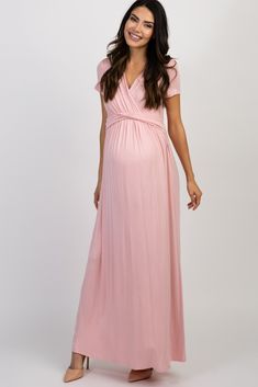 Tall Pink Draped Maternity/Nursing Maxi Dress Pink V-neck Maternity Maxi Dress, Modest Maternity Dress With Short Sleeves, Maternity Short Sleeve Maxi Dress For Spring, Maternity V-neck Ruched Dress, Fitted Maternity Dress With Surplice Neckline, Ruched V-neck Maternity Dress, Pink Maxi Maternity Dress, Pink V-neck Maternity Dress, Modest Short Sleeve Maternity Dress For Summer