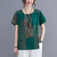 Features: Style: Casual Occasion: Daily Material: Polyester/Linen Sleeves: Short Sleeves Neckline: Round Neckline Pattern: Plaid Type: Casual Women Blouses Season: Summer Size Bust Shoulder Length cm inch cm inch cm inch M 98 39 38 15 53 21 L 102 40 39 15 54 21 XL 106 42 40 16 55 22 2XL 110 43 41 16 56 22 3XL 114 45 42 17 57 22 4XL 118 46 43 17 58 23 Casual Beach Patchwork Top, Casual Summer Patchwork Blouse, Green Crew Neck Blouse With Patchwork, Green Patchwork Crew Neck Blouse, Patchwork Short Sleeve Tops For Beach, Beach Patchwork Tops With Short Sleeves, Beach Tops With Patchwork And Short Sleeves, Green Short Sleeve Blouse With Patchwork, Beach Patchwork Cotton Blouse