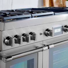 a stainless steel stove with four burners and two oven doors on each side, next to a potted plant