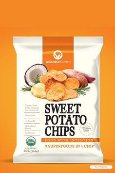 a bag of sweet potato chips on an orange background