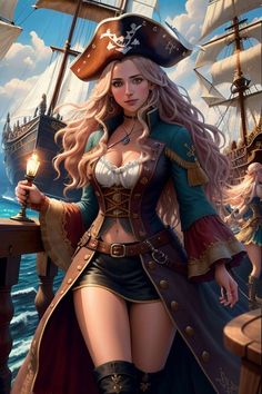 a woman dressed as a pirate standing next to a ship