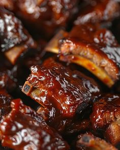 closeup of barbecue ribs with bbq sauce on them