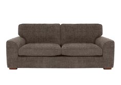 a brown couch with two pillows on it's back and one arm facing the camera