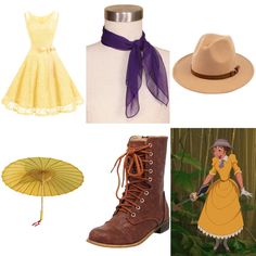 four different costumes and accessories are featured in this image, including a hat, dress, umbrella, boots, and scarf