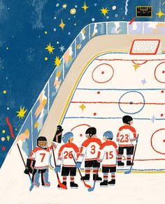 an illustration of hockey players standing in front of the goalie's net with numbers on it