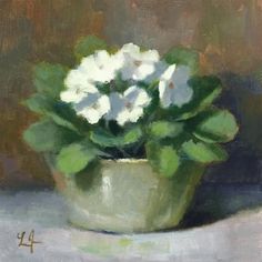 a painting of white flowers in a green pot