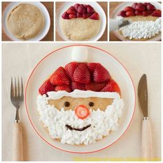 a santa clause cake on a plate with strawberries in the shape of a man's face