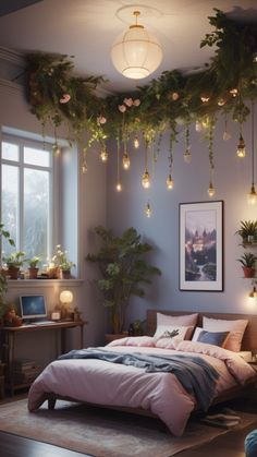 a bedroom with plants hanging from the ceiling and a bed in front of a window