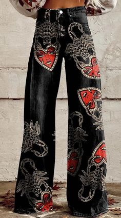 Slacks For Women, Casual Wide Leg Pants, Stylish Pants, Fashion Comfortable, Shop Swimwear, Heart Print, 8 M, Scorpion, Fashion Pants