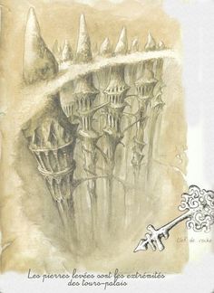 a drawing of a castle with a skeleton key