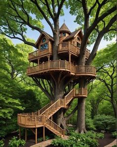 a tree house built into the side of a large tree