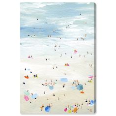 an abstract painting of people on the beach with blue sky and clouds in the background