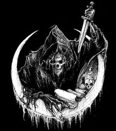 a black and white drawing of a person holding a knife on top of a moon