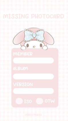 a pink bunny with a bow on her head and the words missing photocard written below it