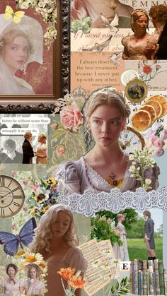 a collage of photos with women in dresses and flowers on them, including an old clock