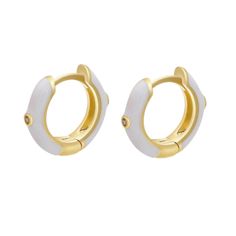 Our Angie Huggies are charming for casual wear, and can be used as lobe earrings, second hole hoop earrings or even sleep on them. Stack'em with more of your favorites for a gorgeous look. Made of brass with a gold plating and colorful oil drip enamel, each huggie features a delicate CZ stone to brighten the stack. - Care Instructions: Avoid contact with water, lotion, and perfume. Clean gently with a polishing cloth. Product Specifications: - Gold plated copper - Coloful enamel - Cubic Zirconia Trendy White Huggie Hoop Earrings, Hypoallergenic White Huggie Earrings Gold-plated, Hypoallergenic White Gold Plated Hoop Earrings, White Gold Plated Hypoallergenic Hoop Earrings, Tarnish Resistant White Small Hoop Earrings, White Gold-plated Hypoallergenic Hoop Earrings, White Gold-plated Huggie Earrings, White Gold Plated Single Hoop Earring, Adjustable Small Hoop Gold-plated Earrings