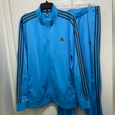 Nwt Adidas Essentials Tracksuit Straight Leg Sweatsuit Jacket Pants Warmup Exercise Semi Blue Burst W Charcoal Stripes Soccer Nwt Adidas Long Sleeve Tracksuit, Adidas Long Sleeve Tracksuit Sportswear, Adidas Sportswear Tracksuit, Blue Tracksuit With Pockets And Long Sleeves, Fitted Blue Tracksuit For Sportswear, Blue Fitted Long Sleeve Tracksuit, Blue Long Sleeve Sportswear Sets, Blue Fitted Tracksuit With Pockets, Fitted Blue Tracksuit With Pockets