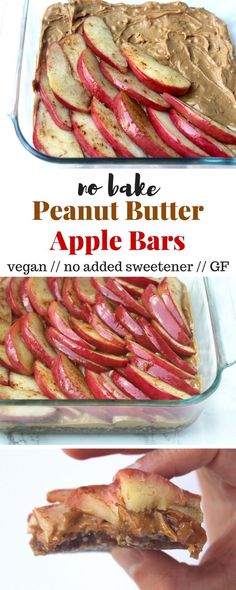 no bake peanut butter apple bars in a glass baking dish