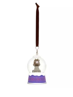 a snow globe ornament with a brown ribbon hanging from it's side