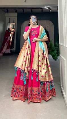 Display your beauty with pink color gown made of jacquard silk material beautify with weaving zari weaving work. This pink traditional gown can be worn at weddings, festivals and special occasion. Pink Color Dress, Pink Colour Dress, Traditional Gown, Silk Wedding Gown, Traditional Gowns, Festive Wear, Silk Dupatta, Silk Material