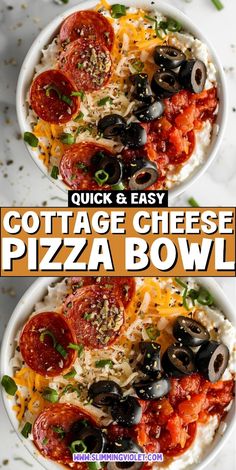 two bowls of cottage cheese pizza bowl with olives, tomatoes and onions on top