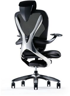 an office chair with black and white leather