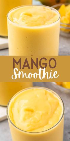 mango smoothie in two glasses with text overlay