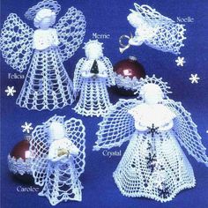 These enchanting Christmas Angels are special decorations that will be treasured and loved for years to come. Start out by making one to add the crowning touch to the top of your tree. Once you've made one you'll want to make a choir of angels to stand on a table or mantel, decorate an elegant wreath or look like it's flying around a tree. There are a total of 6 angel patterns - 3 tree topper angles that measure about 9" tall and 3 standing angels that measure about 6" tall. Includes metric conversion chart. Made with bedspread weight crochet cotton and a steel crochet hook. Complete starching instructions are included for finishing both the standing and flying angels. These angels make lovely decorations for your home, to give as gifts and very nice items for craft fairs. Printed in Engli Angels Crochet, Crochet Angel Pattern, Ornament Crochet, Christmas Tree Trimming, Crochet Snowflake, Crochet Angels, Christmas Crochet Pattern, Crochet Angel, Christmas Angel Ornaments