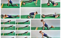 the woman is doing exercises on her back with a medicine ball in one hand and an exercise wheel in the other