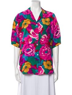 Celine Button-Up TopPinkFloral PrintShort Sleeve with CollarButton Closure at FrontDesigner Fit: Tops by Celine typically fit true to size. Pink Top With Button Closure And Camp Collar, Pink Top With Camp Collar And Button Closure, Patterned Button-up Top With Vibrant Print, Spring Multicolor Print Button-up Shirt, Multicolor Print Button-up Top, Summer Palm Tree Print Button-up Top, Multicolor Short Sleeve T-shirt With Butterfly Print, Floral Print Shorts, Short Sleeve Button Up