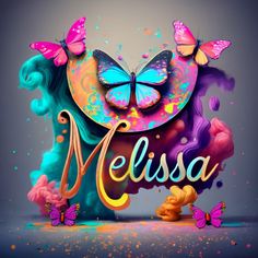 the word nelisa surrounded by butterflies on a gray background with colorful colors and glitters