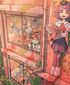 a girl standing on top of a window sill next to a bunch of zombies