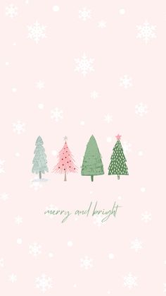 three christmas trees on a pink background with snowflakes and merry and bright lettering