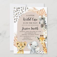 a little wild one is on the way baby shower card with an elephant and giraffe