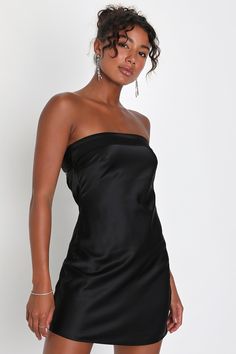 Exquisite Approach Black Satin Strapless Cowl Back Mini Dress Silk Homecoming Dress, Black Hoco Dresses, Satin Hoco Dress, Cowl Back Dress, Black Satin Mini Dress, Strapless Dresses Short, Hoco Dresses Short, All Black Dresses, Black Silk Dress