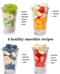 four cups filled with different types of smoothie ingredients and labeled in the words 4 healthy smoothie recipes