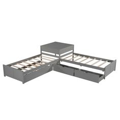 the bed frame is made up and has two drawers on each side, with one drawer open