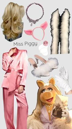 the miss piggy costume is pink and has white fur around it's neck