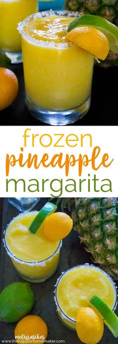 frozen pineapple margarita in small glasses with limes and orange slices on the rim