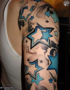 a man's arm with blue stars on it and black ink in the middle