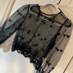 Xl Black Lace With Small Flowers. New With Tag. Black Top For Night Out In Spring, Black Sheer Tops For Evening, Black Top For Night Out, Black Sheer Blouse For Spring, Butterfly Sleeve Blouse, Tassel Blouse, Embroidered Lace Top, Lacey Tops, Coral Top