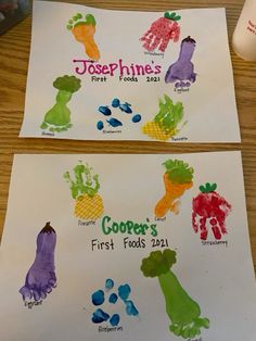 two children's handprints on paper with the names of their favorite foods