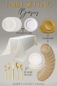 a table setting with gold and white plates, silverware, napkins, and place settings