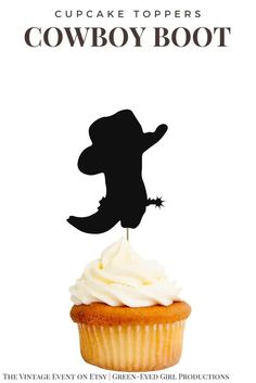 a cupcake topper with the silhouette of a cowboy boot on it's head