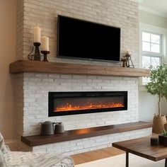 a living room with a fireplace and television mounted on the wall