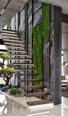 an indoor staircase with moss growing on the wall and wooden steps leading up to it