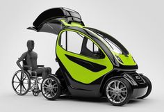 a small car with a man in a wheel chair next to it on a white background