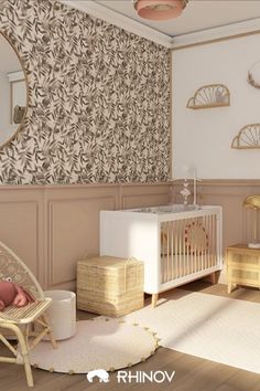 Une chambre vintage avec soubassements et papier peint, meubles en cannage et osier dans les tons rose poudré Toddler Girl Room, Kids Interior, Baby's Room, Dream House Decor, New Room